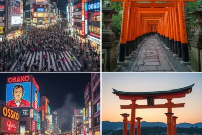 Best cities to travel in Japan: Tokyo modern skyline, Kyoto temples, Osaka street food scene, and Hiroshima historical sites
