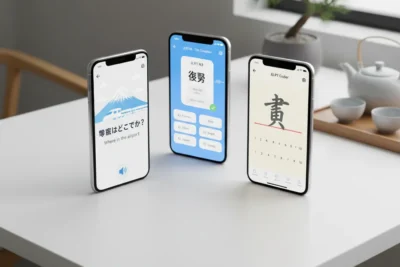 Japanese travel phrases, JLPT study decks, and kanji stroke order