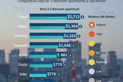 Cost of living in Japan by city - rental price comparison chart for 3-bedroom apartments across 11 major Japanese cities