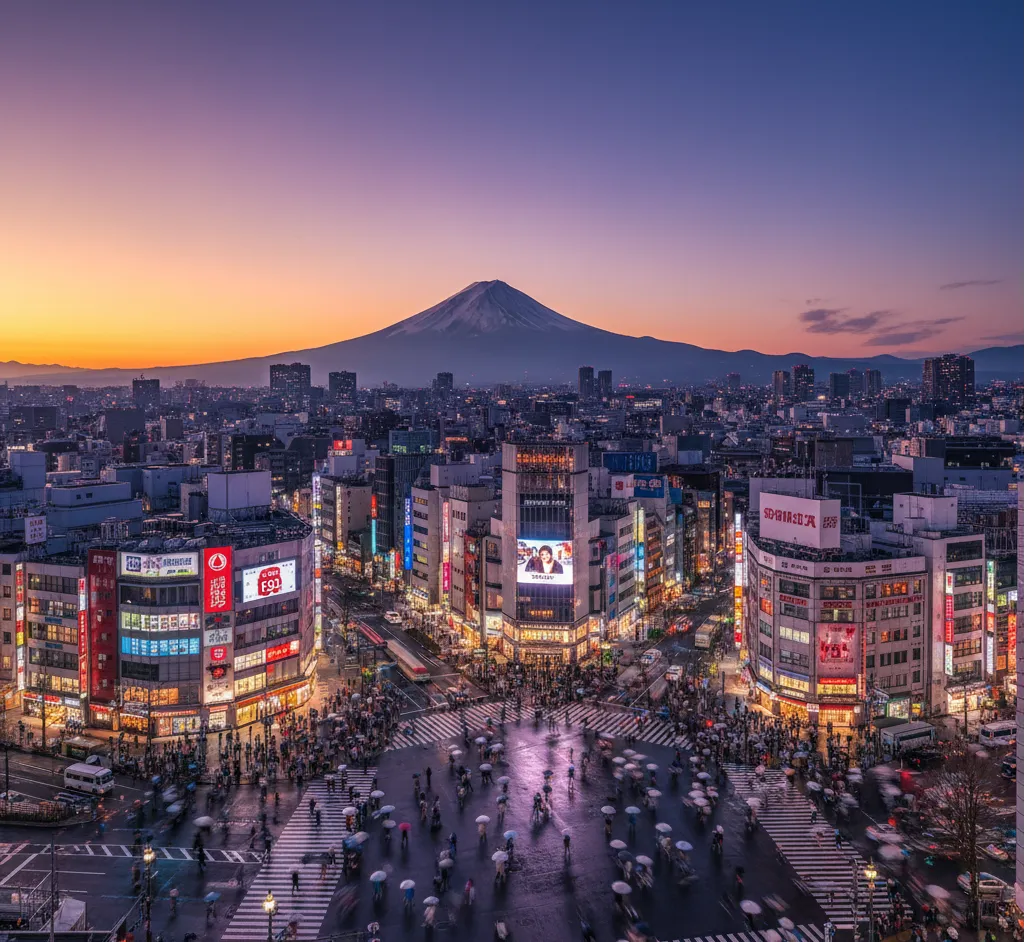 Tokyo skyline at sunset with Mount Fuji in background - best place to live in Japan for foreigners