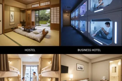 Japan accommodation types guide: traditional ryokan, capsule hotel pods, hostel dormitory, and business hotel room comparison