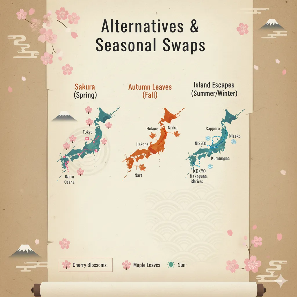 Three mini-maps: Sakura route (northward shift), Autumn foliage circuit (Kyoto–Nikko), and optional Hokkaido or Kyushu loops.