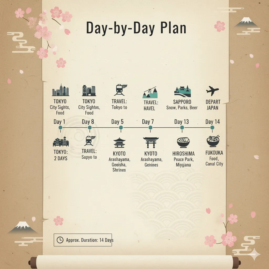 Day-by-day timeline (Days 1–14) with city icons: Tokyo, Hakone, Kyoto, Nara, Osaka, Hiroshima/Miyajima, return to Tokyo.