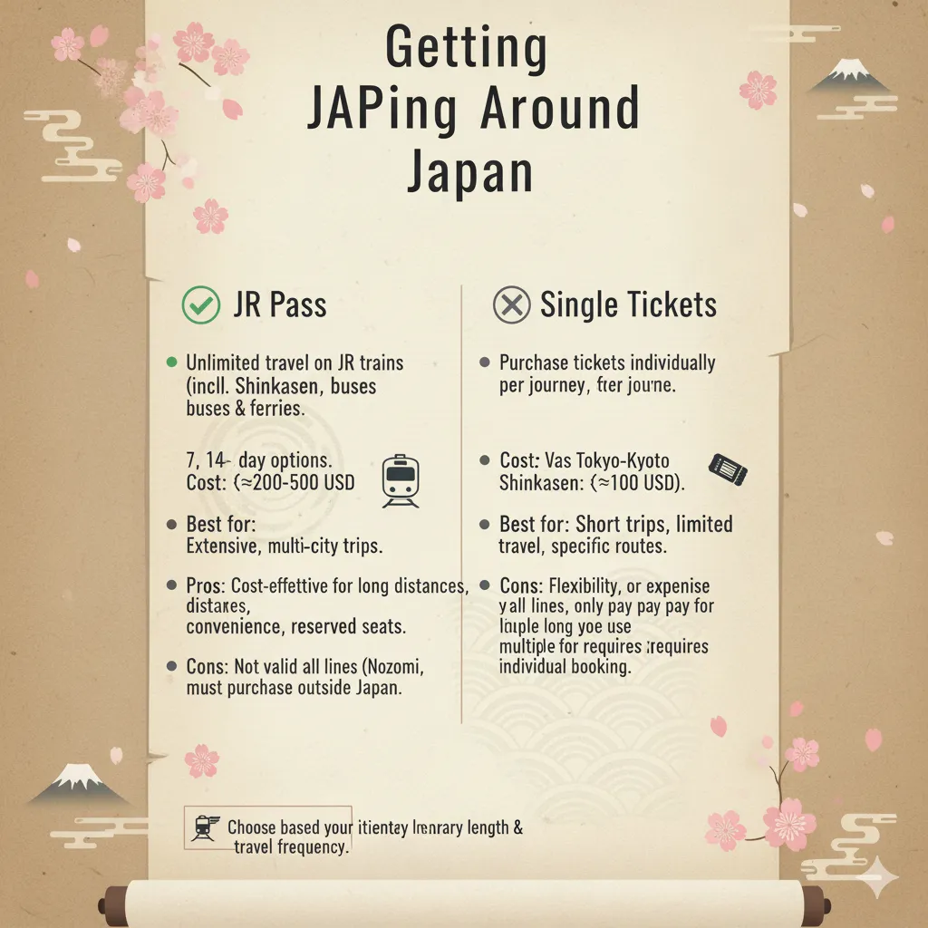 Infographic comparing 14-day JR Pass vs single tickets: costs, when it’s worth it, included lines, and IC card use.