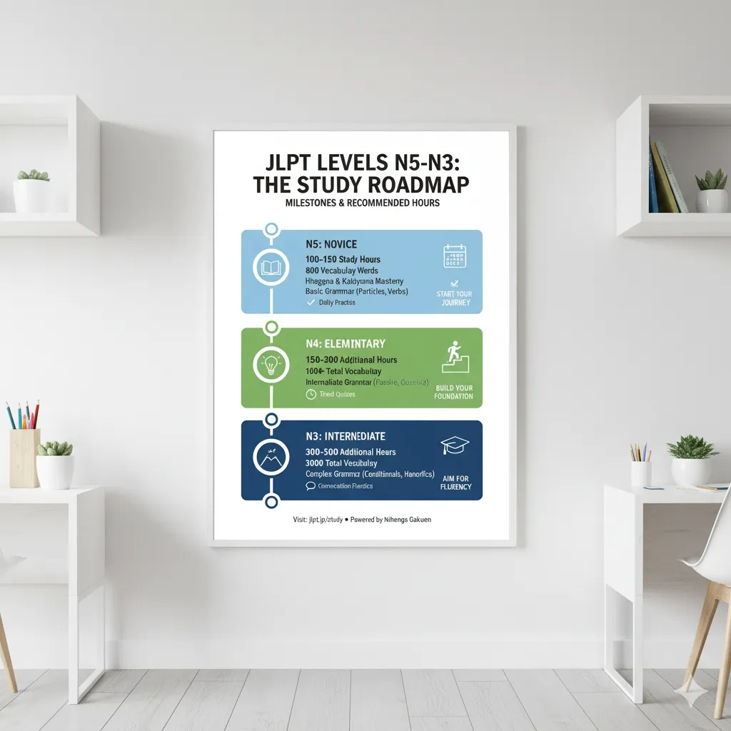 JLPT levels N5–N3 study roadmap (milestones and hours)