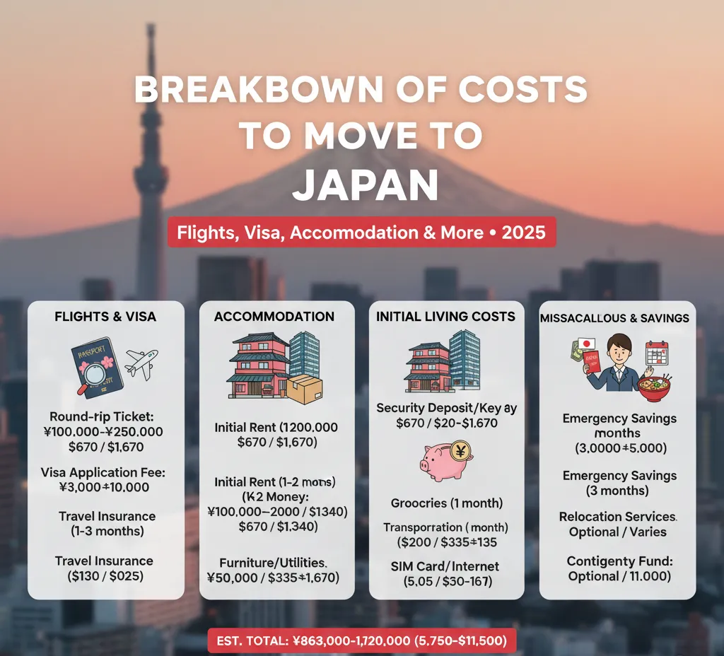 breakdown of costs to move to Japan (visa, shipping, deposits, flights)