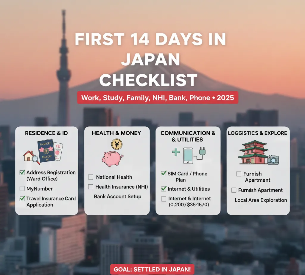 first 14 days in Japan checklist: address registration, MyNumber, NHI, bank, phone